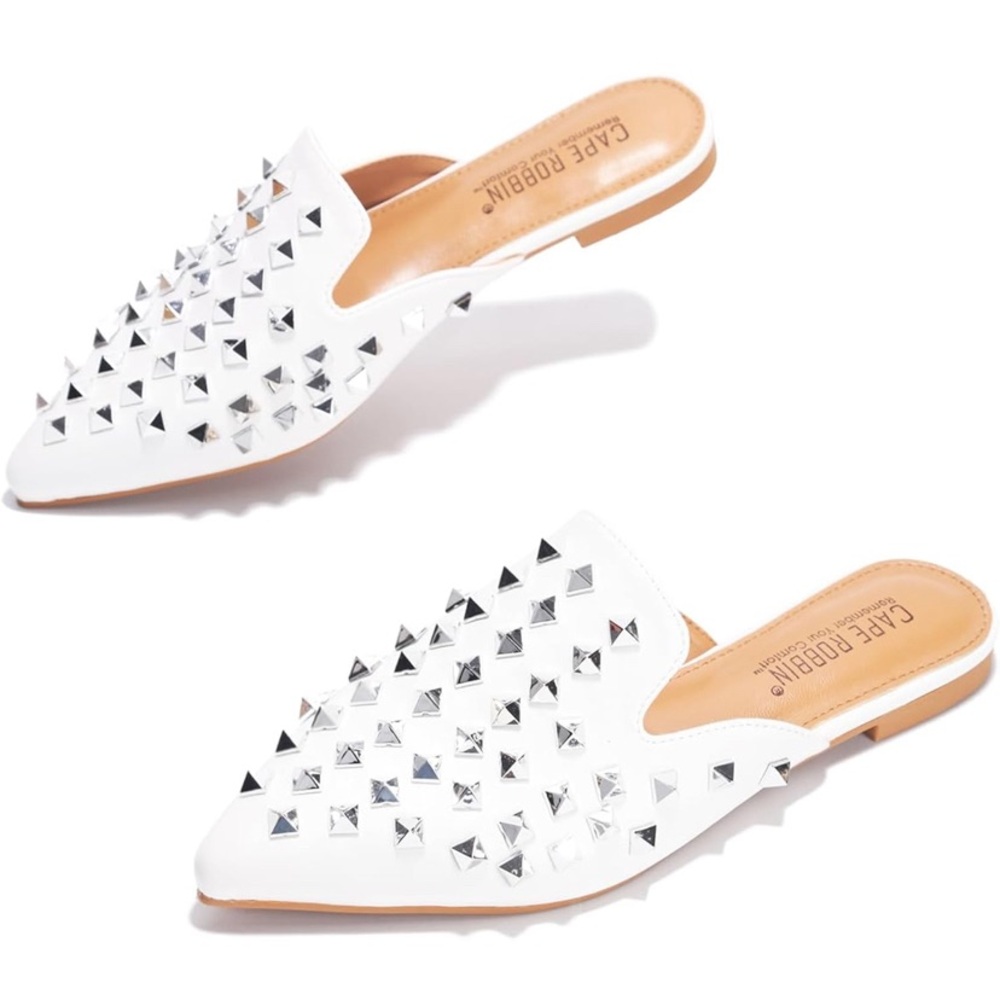 Cape Robbin White Studded Mule Flats